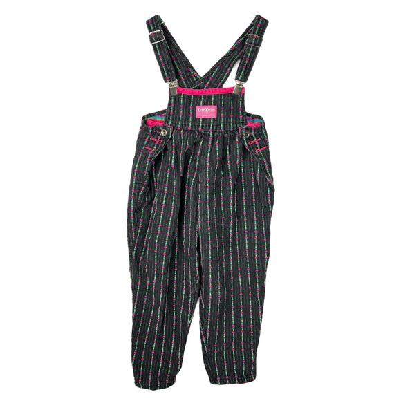 Osh Kosh Vintage 80s Black Denim Overalls Hearts Spell Out Striped Girls 5T - Picture 1 of 7